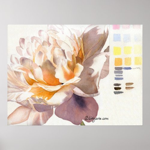 White Peony Watercolor Poster Print with Palette print