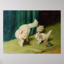 White Persian Cat with Two Kittens Print
