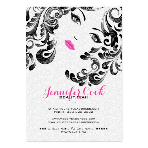 White Pink And Black Beauty Face Monogram 3 Business Card Templates (back side)