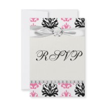 white pink and black chic damask custom announcements
