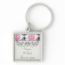 white pink and black chic damask keychain