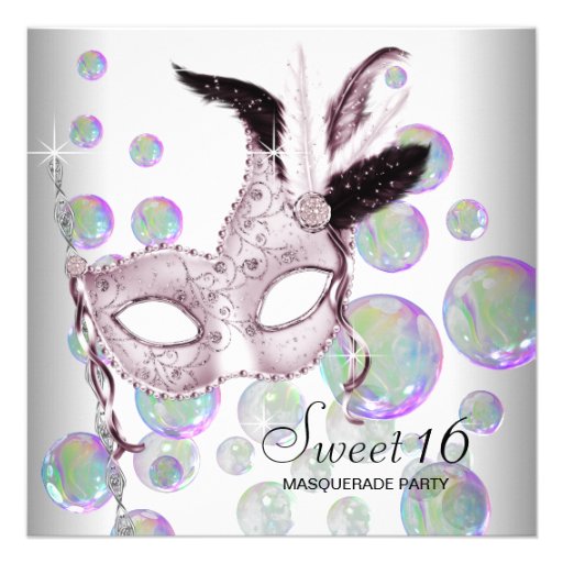 White Pink Bubbles Sweet Sixteen Masquerade Party Invites