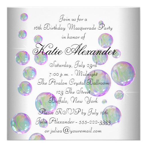 White Pink Bubbles Sweet Sixteen Masquerade Party Invites