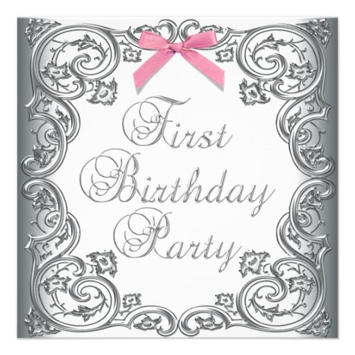 White Pink Girls 1st Birthday Party Custom Invitation