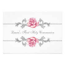 White Pink Rose Girls First Communion invitations