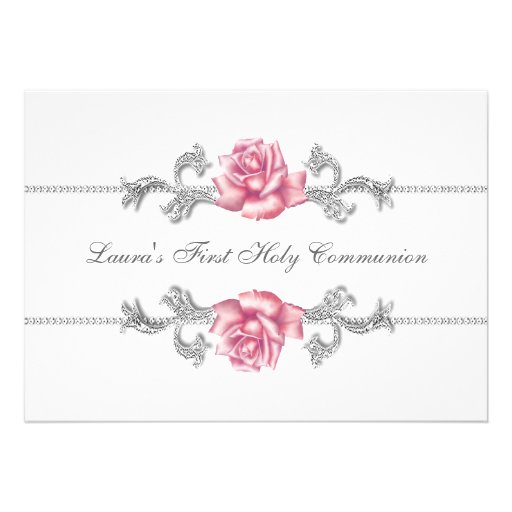 White Pink Rose Girls First Communion Invitation