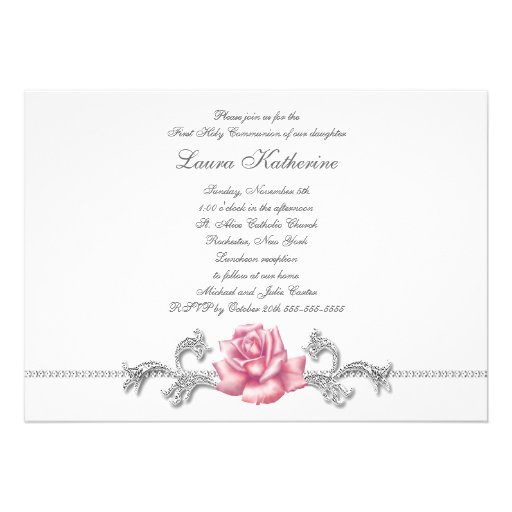 White Pink Rose Girls First Communion Invitation