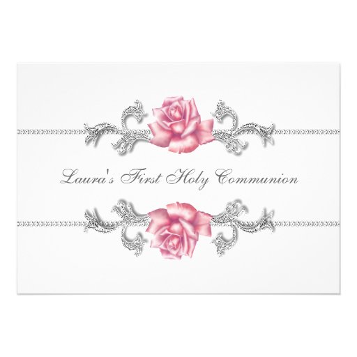 White Pink Rose Girls First Communion Invitation