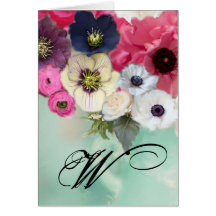 WHITE PINK ROSES AND ANEMONE FLOWERS MONOGRAM GREETING CARDS