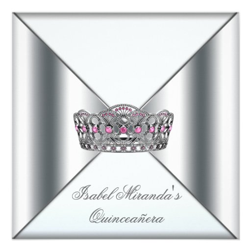 White Pink Silver Tiara Quinceanera 15th Party Custom Invitation