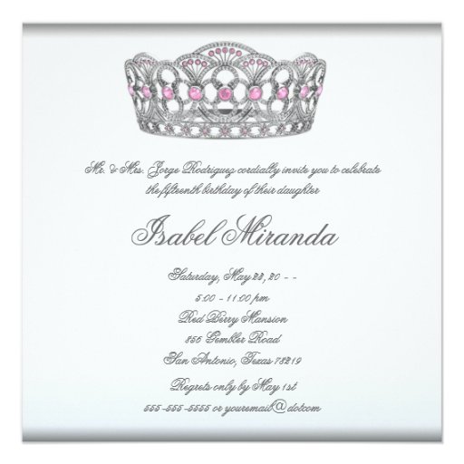 White Pink Silver Tiara Quinceanera 15th Party Custom Invitation