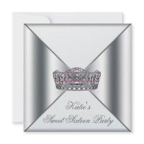 White Pink Tiara White Sweet 16 Party Invites