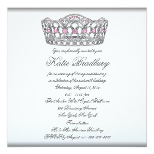 White Pink Tiara White Sweet 16 Party Invites