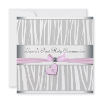 White Pink Zebra Heart Pink Cross First Communion Invitations