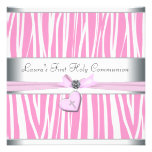 White Pink Zebra Heart Pink Cross First Communion Custom Announcements