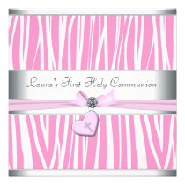 White Pink Zebra Heart Pink Cross First Communion invitations