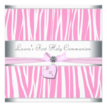 White Pink Zebra Heart Pink Cross First Communion Custom Announcements