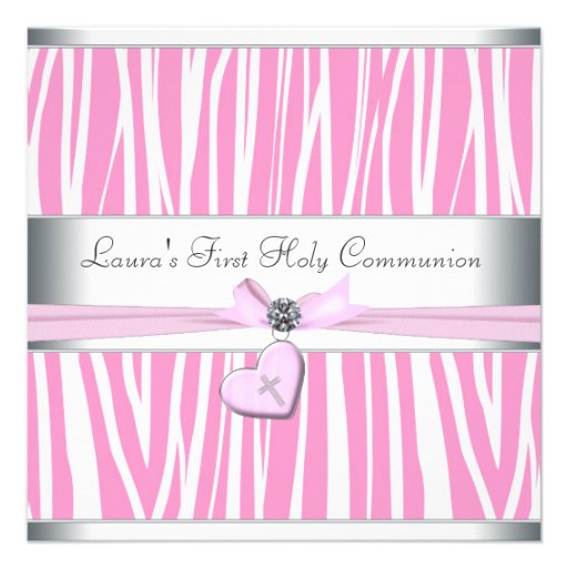 White Pink Zebra Heart Pink Cross First Communion Custom Announcements (front side)