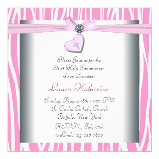 White Pink Zebra Heart Pink Cross First Communion Custom Announcements
