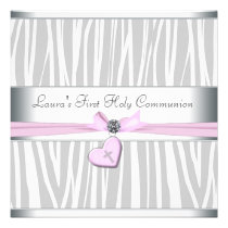 White Pink Zebra Heart Pink Cross First Communion invitations