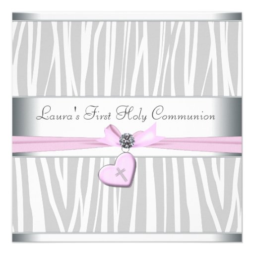 White Pink Zebra Heart Pink Cross First Communion Invitations (front side)