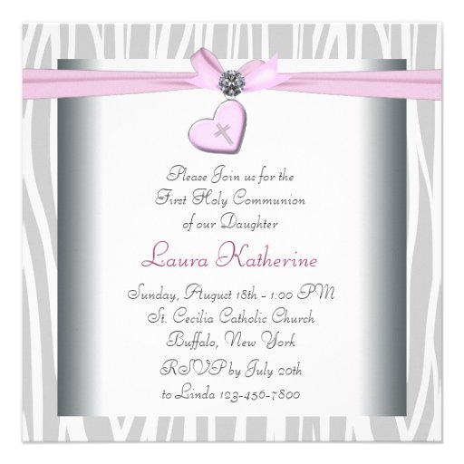 White Pink Zebra Heart Pink Cross First Communion Invitations