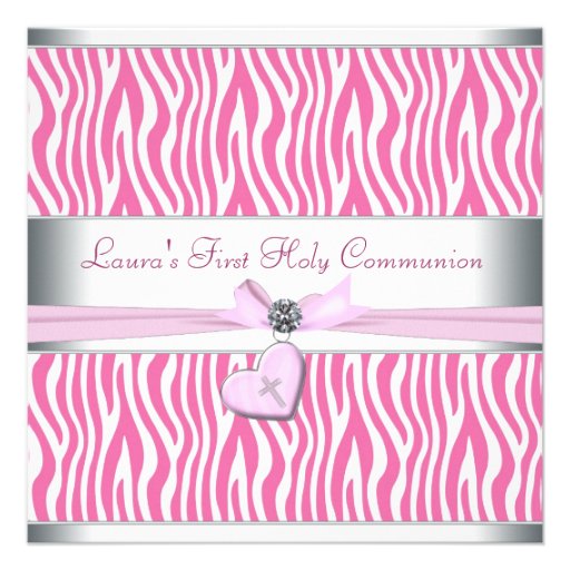 White Pink Zebra Heart Pink Cross First Communion Custom Invitations