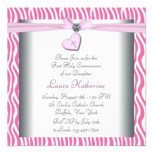 White Pink Zebra Heart Pink Cross First Communion Custom Invitations