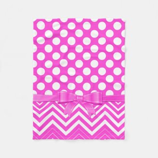 White Polka Dot And Chevron And Pink Ribbon Fleece Blanket