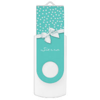White Polka Dots and Bow on Teal Personalized Swivel USB 2.0 Flash Drive