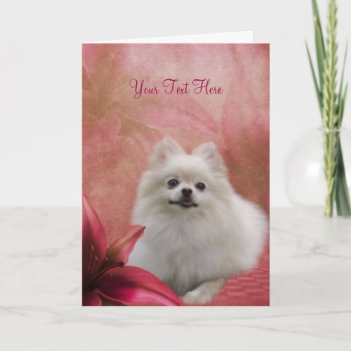 White Pomeranian Red Lily Dog Art Photo Card zazzle_card