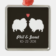 White Pomeranian Silhouettes with Heart and Text Christmas Ornaments