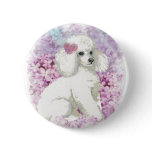 White Poodle in the Lilacs Button Pin