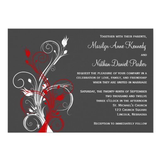 White, Red, Gray Floral Wedding Invitation