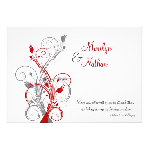 White, Red, Gray Floral Wedding Invitation