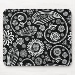 White Retro Floral Design On Black mousepads