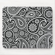 White Retro Paisley Pattern Design On Black Mousepad