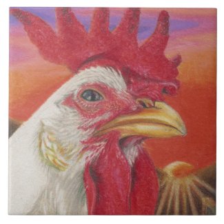 white rooster in bright orange sunrise tile