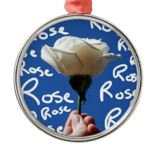 White rose, blue back, Rose written in white ornament