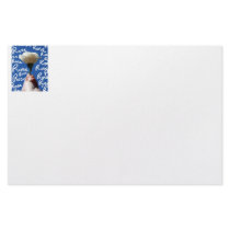 White rose, blue back, Rose written in white Stationery Design
