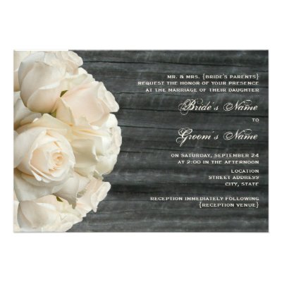 White Rose Bouquet & Barnwood Wedding Custom Invites