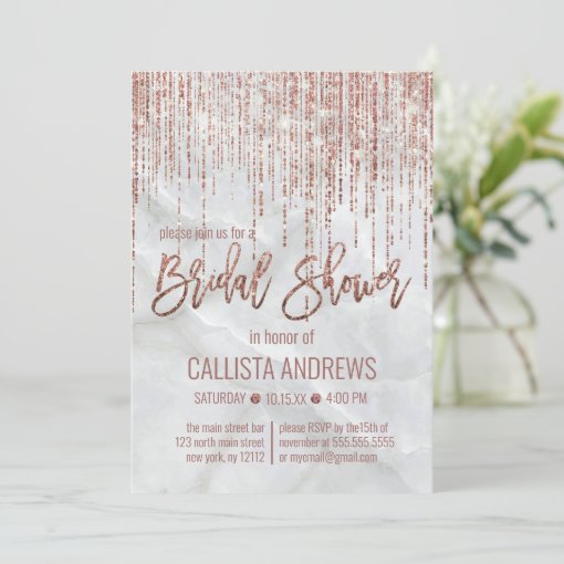 White Rose Gold Glitter Pearl Marble Bridal Shower Invitation Zazzle