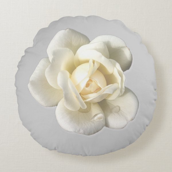 White Rose On Silver Gray Round Pillow Cushion