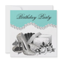 White Rose Pearls Gitter High Heels Teal Birthday Invitation