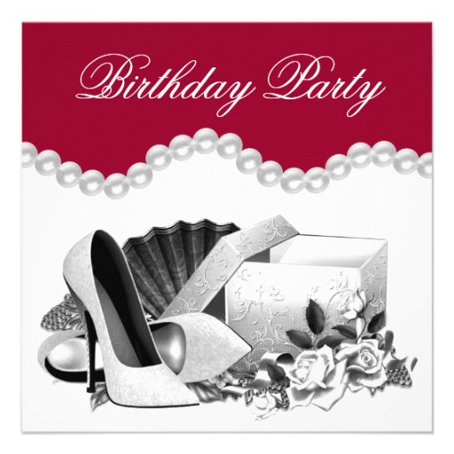 White Rose Pearls High Heels Red Birthday Party Custom Invite