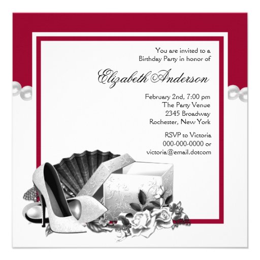 White Rose Pearls High Heels Red Birthday Party Custom Invite