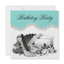 White Rose Pearls High Heels Teal Blue Birthday Personalized Announcement