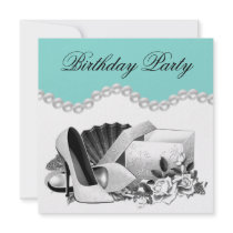 White Rose Pearls High Heels Teal Blue Birthday Announcement