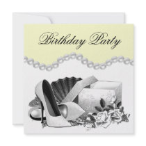 White Rose Pearls High Heels Yellow Birthday Party Invitations