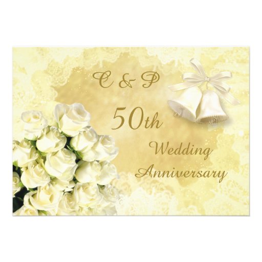 White roses and bells 50th Wedding Anniversary Personalized Announcements